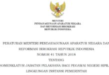 Permenpan RB Nomor 41 Tahun 2018 tentang Nomenklatur Jabatan Pelaksana Bagi Pegawai Negeri Sipil di Lingkungan Instansi Pemerintah