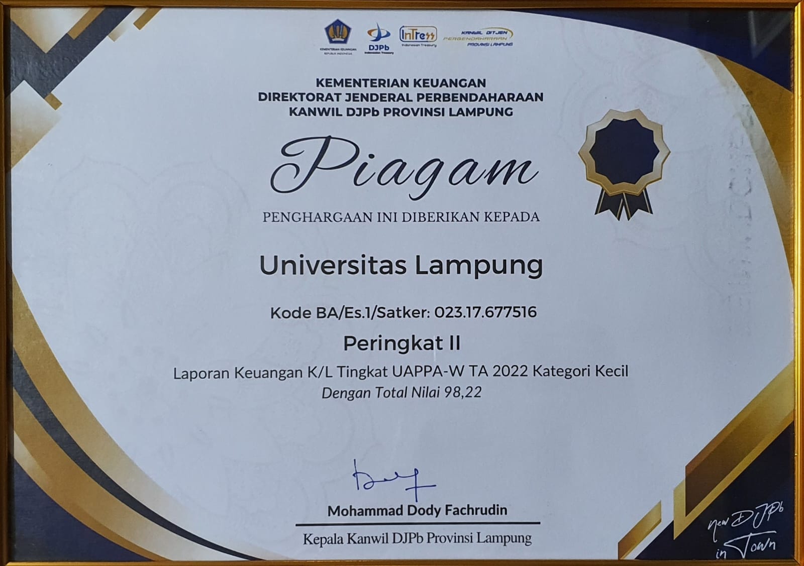 Piagam Penghargaan dari Kanwil DJPb Provinsi Lampung atas LK Tingkat UAPPA-W TA 2022 Peringkat II